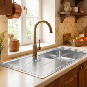 سینک نگین الماس SA58 نصب شده روی کابینت آشپزخانه، نمای مدرن سینک توکار