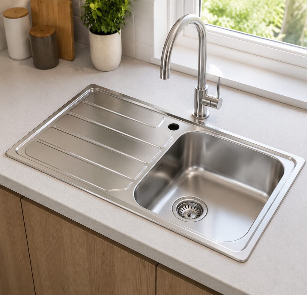 سینک ظرفشویی استیل نگین الماس SA42 نصب شده روی کابینت آشپزخانه مدرن